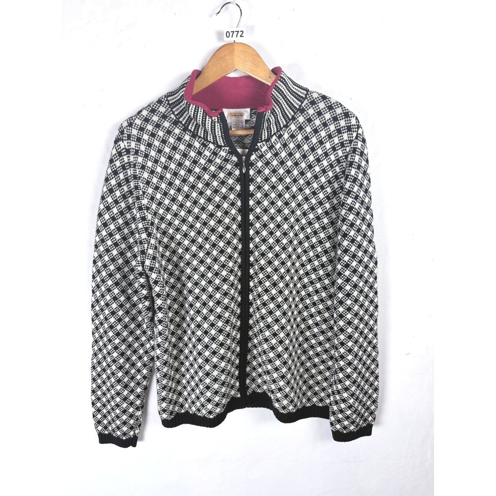 2/$30 Talbots Black White Diamond Pattern Cotton Zip Up Jacket Large